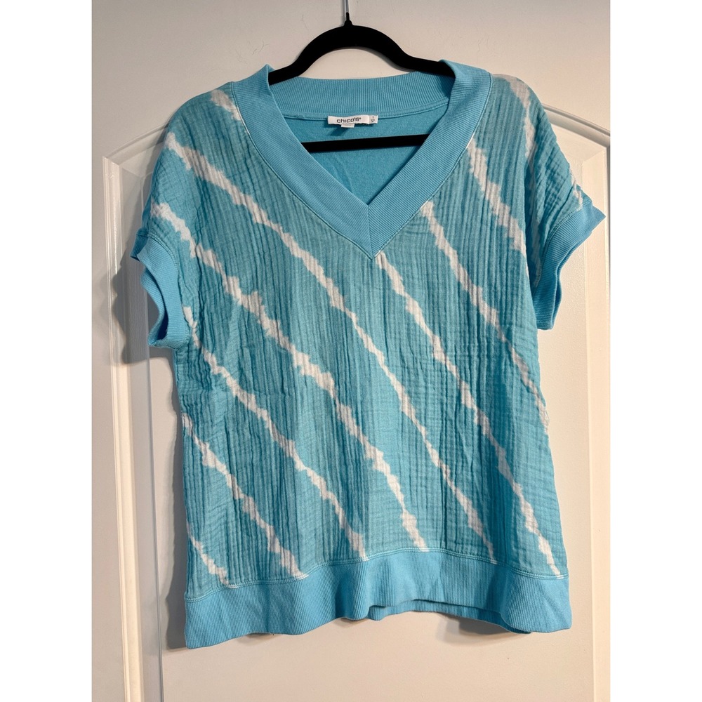 Chico's V-Neck Top Women Size 1 M Blue White Striped Gauze Mixed Media